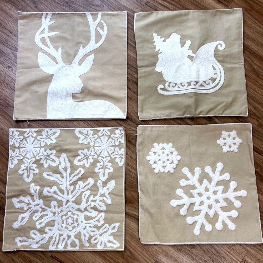 Holiday Christmas Pillow Covers Set of 4 Reindeer Santa Snowflakes Tan 17X17